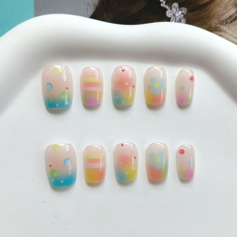 Nail Art Rainbow - 10Pcs Kuku Palsu Warna-warni Pelangi Manis